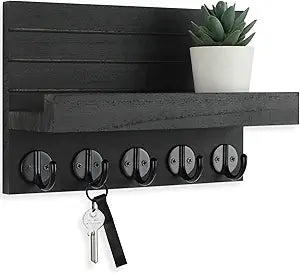 Key Holder for Wall, Decorative Key and Mail Holder with Shelf Has Large Key Hooks for Bags, Coats, Umbrella – Paulownia Wood Key Hanger with Mounting Hardware (9.8”W x 6.7”H x 4.2”D)