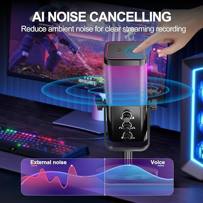 USB Gaming Microphone with Game Chat Balance, RGB Condenser Mic with Noise Cancellation, Quick Mute & Monitoring, for Streaming/Discord/Twitch/Podcast/Videos/ASMR, for PC/Computer/PS4/PS5/Mac