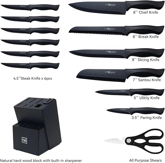 Knife Set, HUNTER.DUAL 15 Pcs Kitchen Knife Set with Block Self Sharpening, Dishwasher Safe, Anti-slip Handle