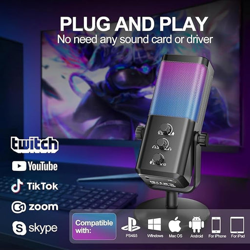 USB Gaming Microphone with Game Chat Balance, RGB Condenser Mic with Noise Cancellation, Quick Mute & Monitoring, for Streaming/Discord/Twitch/Podcast/Videos/ASMR, for PC/Computer/PS4/PS5/Mac