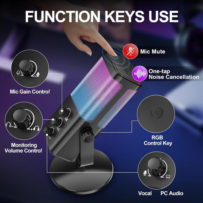 USB Gaming Microphone with Game Chat Balance, RGB Condenser Mic with Noise Cancellation, Quick Mute & Monitoring, for Streaming/Discord/Twitch/Podcast/Videos/ASMR, for PC/Computer/PS4/PS5/Mac