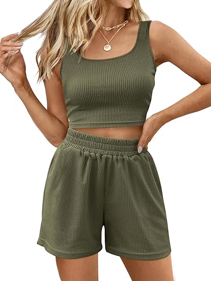 Trendy Queen Two Piece Summer Outfits 2 Piece Sets 2025 Sleeveless Matching Lounge Crop Top High Waisted Short