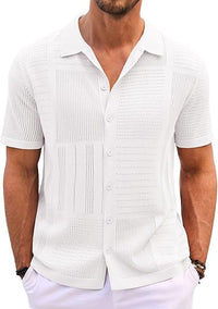 Runcati Mens Knit Button Down Shirt Casual Short Sleeve Cotton Polo Shirt Hollow Out Summer Beach Tops