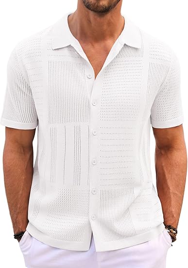 Runcati Mens Knit Button Down Shirt Casual Short Sleeve Cotton Polo Shirt Hollow Out Summer Beach Tops