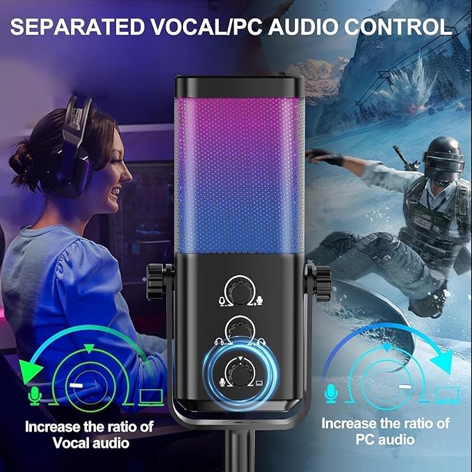 USB Gaming Microphone with Game Chat Balance, RGB Condenser Mic with Noise Cancellation, Quick Mute & Monitoring, for Streaming/Discord/Twitch/Podcast/Videos/ASMR, for PC/Computer/PS4/PS5/Mac