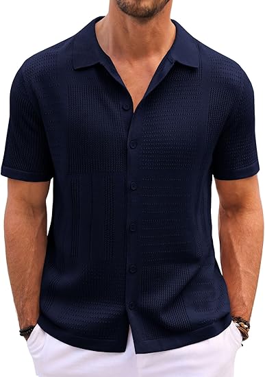 Runcati Mens Knit Button Down Shirt Casual Short Sleeve Cotton Polo Shirt Hollow Out Summer Beach Tops