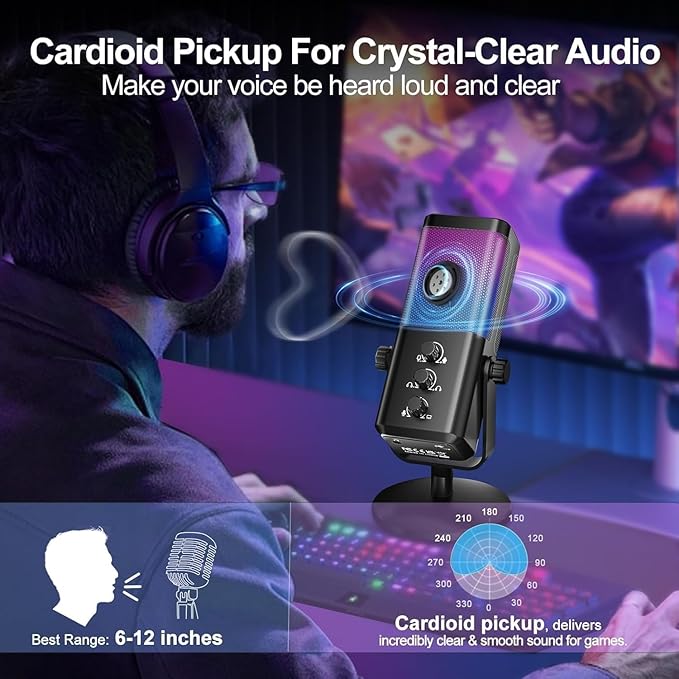 USB Gaming Microphone with Game Chat Balance, RGB Condenser Mic with Noise Cancellation, Quick Mute & Monitoring, for Streaming/Discord/Twitch/Podcast/Videos/ASMR, for PC/Computer/PS4/PS5/Mac