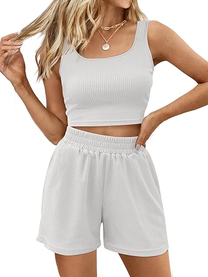 Trendy Queen Two Piece Summer Outfits 2 Piece Sets 2025 Sleeveless Matching Lounge Crop Top High Waisted Short