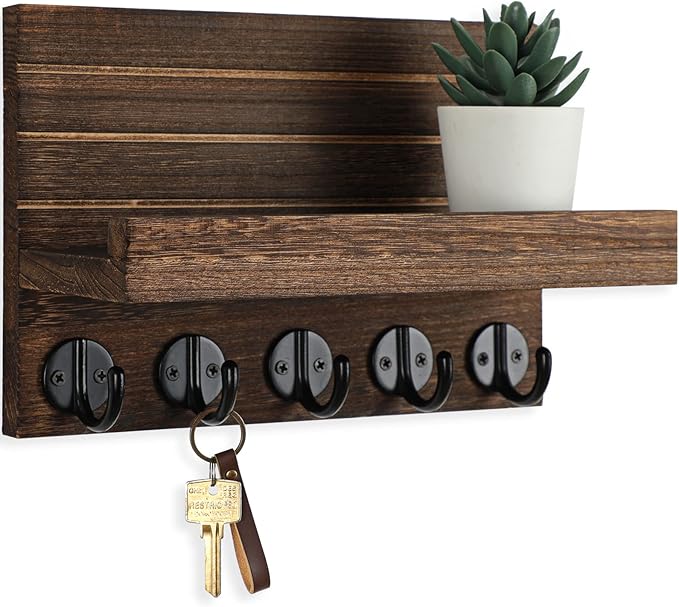 Key Holder for Wall, Decorative Key and Mail Holder with Shelf Has Large Key Hooks for Bags, Coats, Umbrella – Paulownia Wood Key Hanger with Mounting Hardware (9.8”W x 6.7”H x 4.2”D)