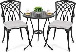 NUU GARDEN Patio Bistro Sets 3 Piece Cast Aluminum Bistro Table and Chairs Set with Umbrella