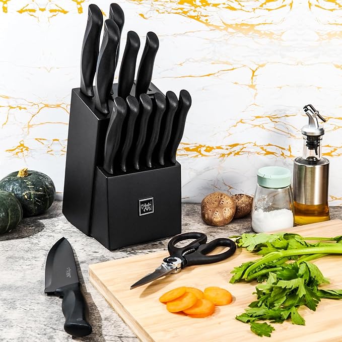 Knife Set, HUNTER.DUAL 15 Pcs Kitchen Knife Set with Block Self Sharpening, Dishwasher Safe, Anti-slip Handle