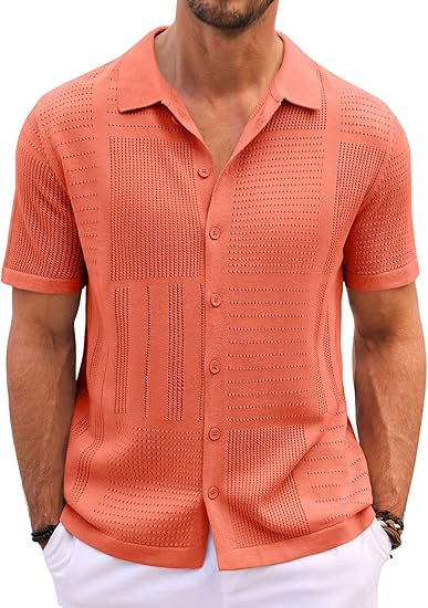 Runcati Mens Knit Button Down Shirt Casual Short Sleeve Cotton Polo Shirt Hollow Out Summer Beach Tops