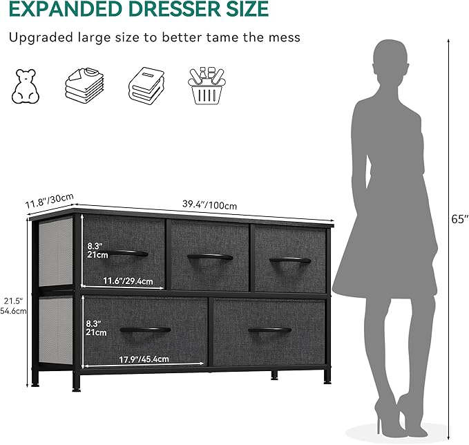 YITAHOME Dresser with 5 Drawers - Fabric Storage Tower, Black Dresser & Chest of Drawers, Organizer Unit for Bedroom