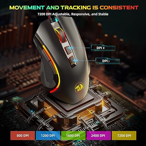 Redragon M602 Gaming Mouse, Ergonomic RGB Gaming Mouse Wired with 7200 Adjustable DPI, 9 Programmable Buttons, Professional Software for Gamer